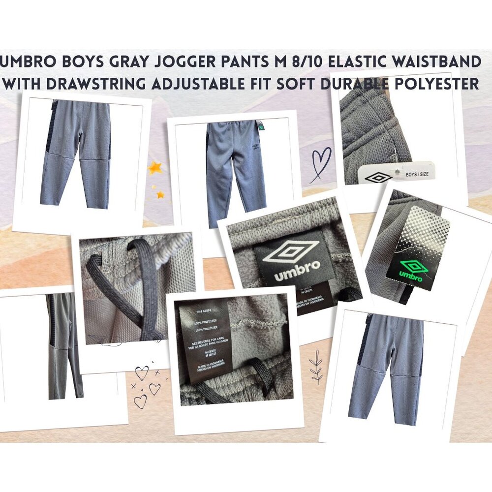 Umbro Boys Gray Jogger Pants M 8/10 Elastic Waistband With Drawstring Adjustable